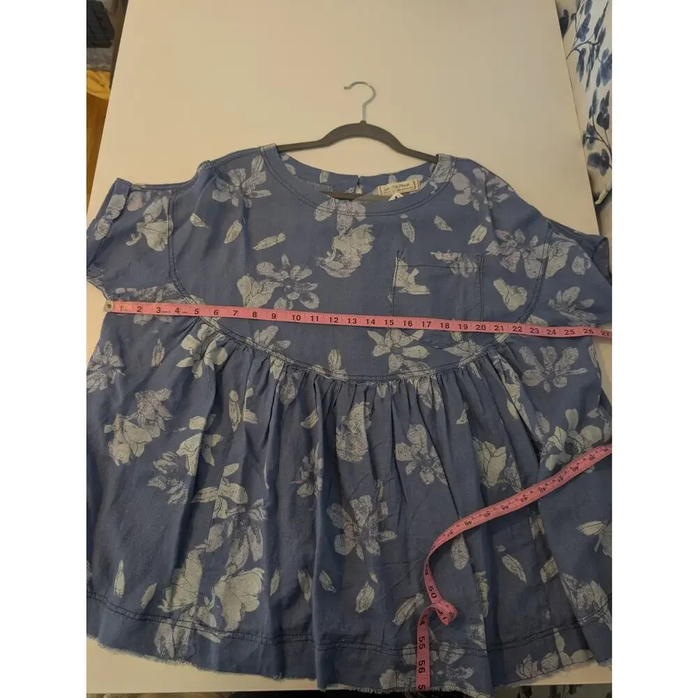 Free People Top Moon City Printed Tee Floral Boho Babydoll Linen Blue Size XS